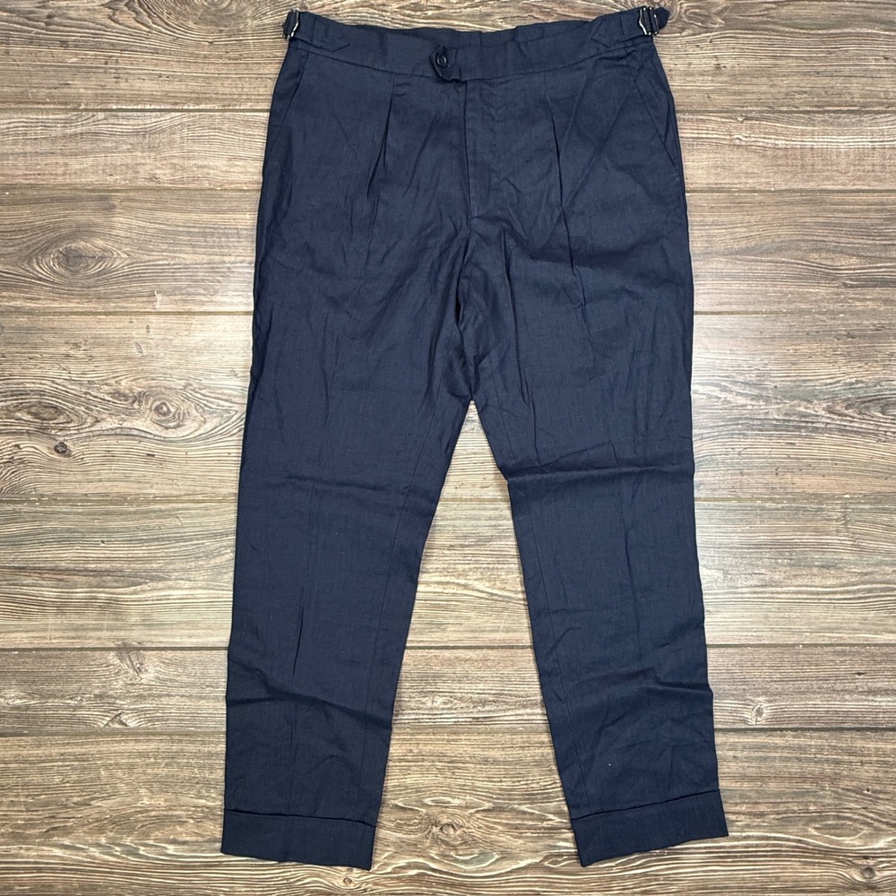 Collars & Co Mens Size 34x30 Amalfi Linen Trouser Navy Side Adjusters Cuffed - Picture 2 of 9